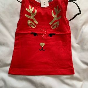 Long sleeve T-shirt red with gold reindeer 18m